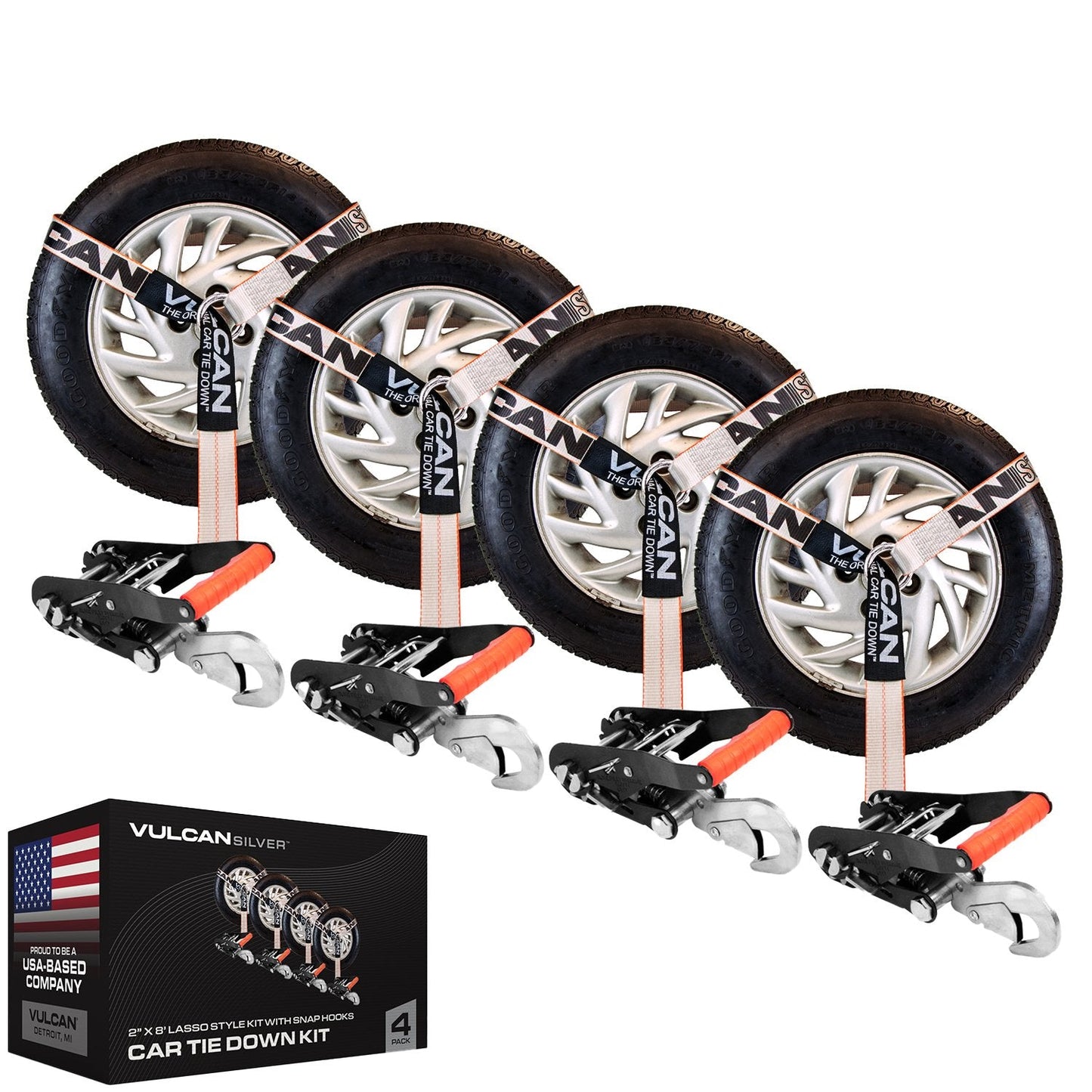 VULCAN Car Tie Down with Snap Hooks - Lasso Style - 2 Inch x 96 Inch - 3,300 Pound Safe Working Load