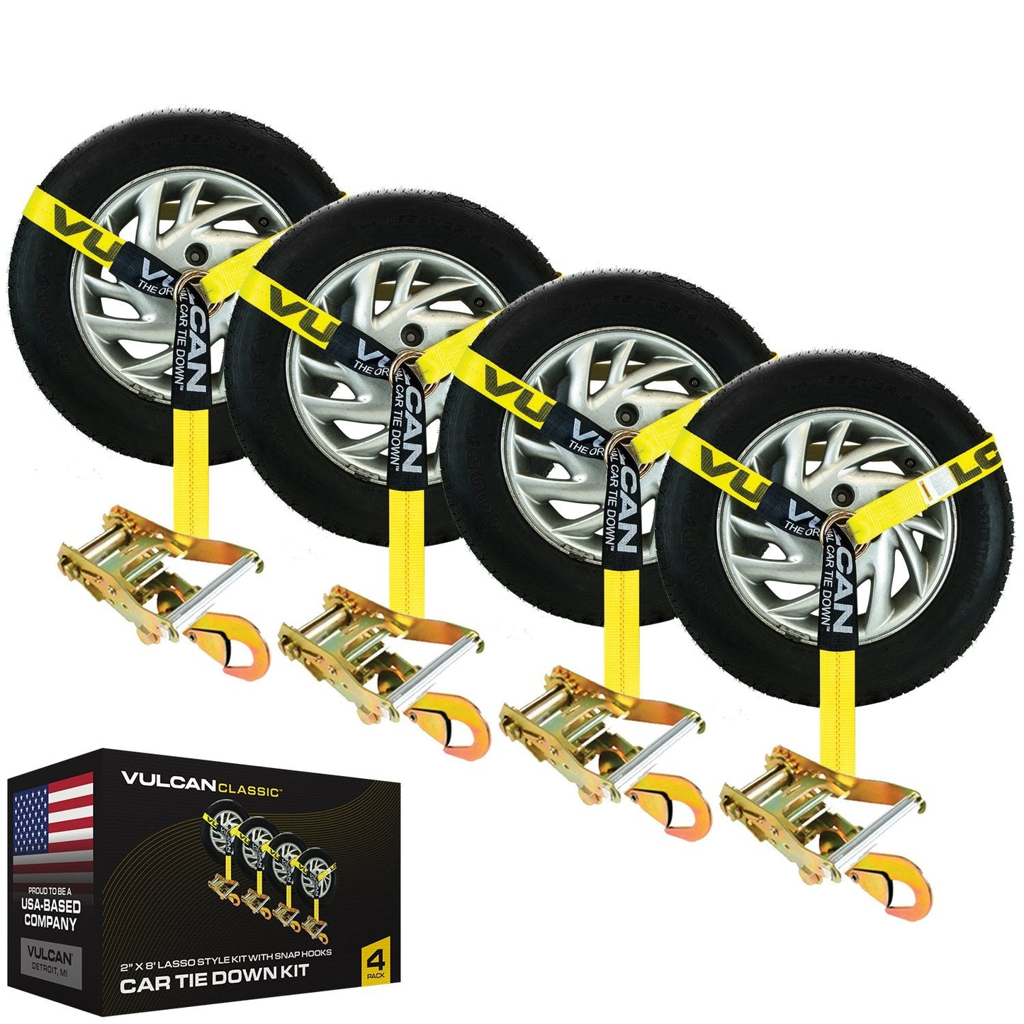 VULCAN Car Tie Down with Snap Hooks - Lasso Style - 2 Inch x 96 Inch - 3,300 Pound Safe Working Load