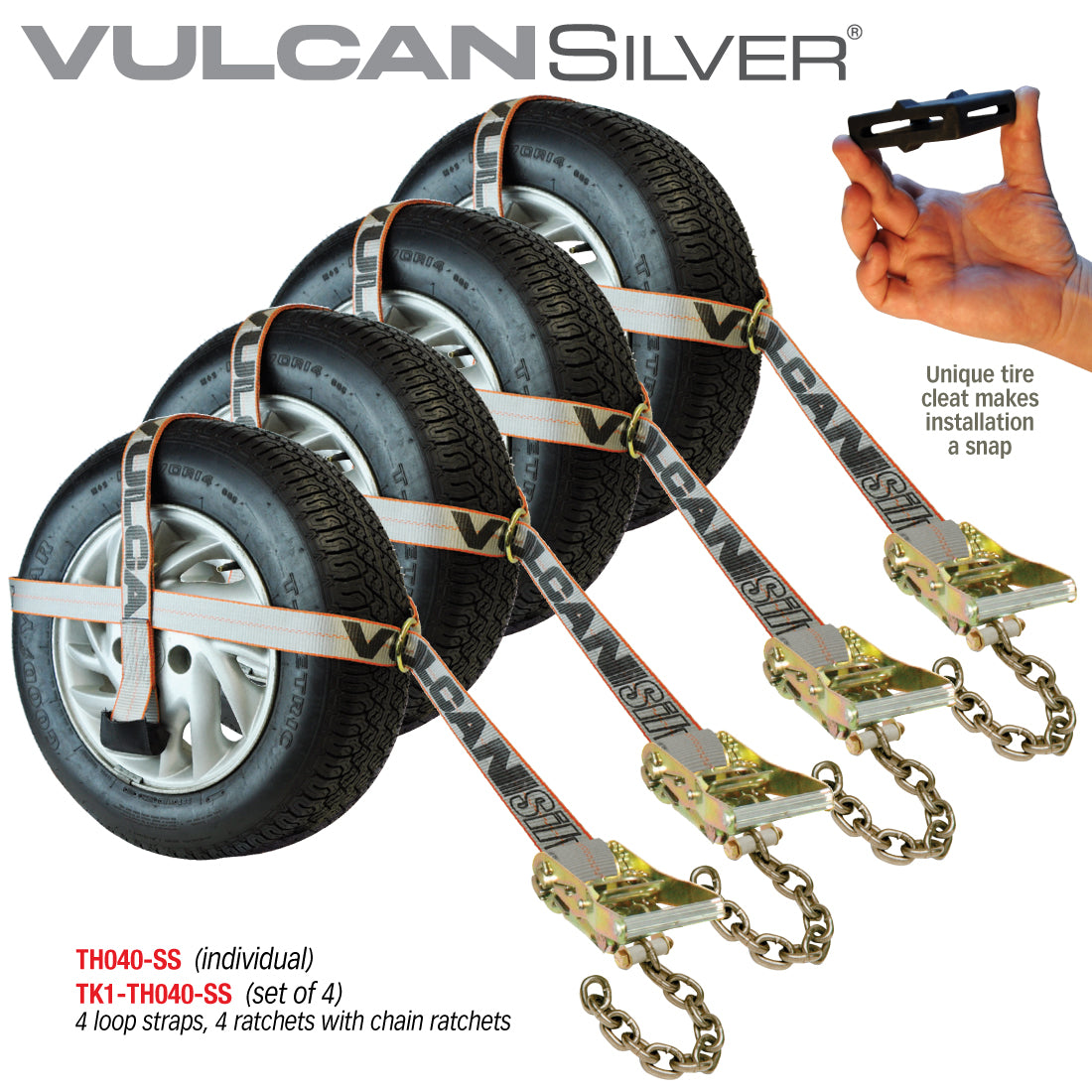 VULCAN Car Tie Down - Adjustable Loop Basket Style - Chain Tail - 4 Pack - Silver Series - 3,300 Pound Safe Working Load