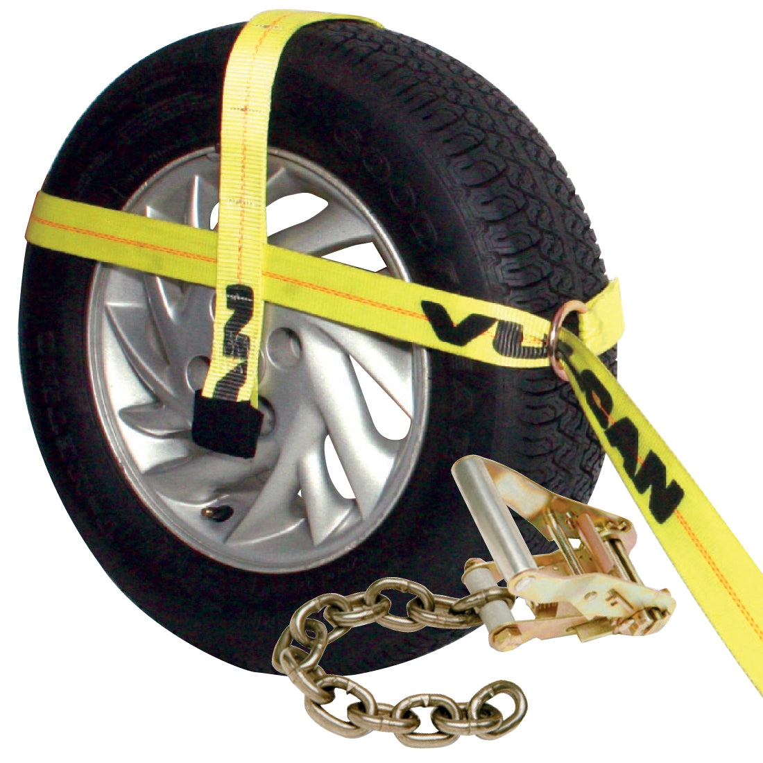 VULCAN Car Tie Down with Adjustable Loop - Chain Ratchet - 4 Pack - Classic Yellow - 3,300 Pound Safe Working Load