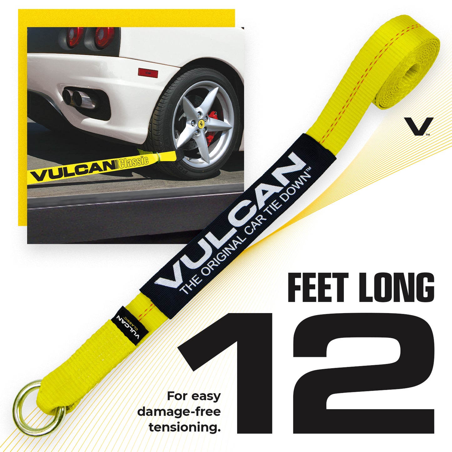 VULCAN Loop Exotic Car Tie Down Straps - 2 Inch x 12 Foot - Classic Yellow - Includes Four 2 Inch x 144 Inch Loop Straps