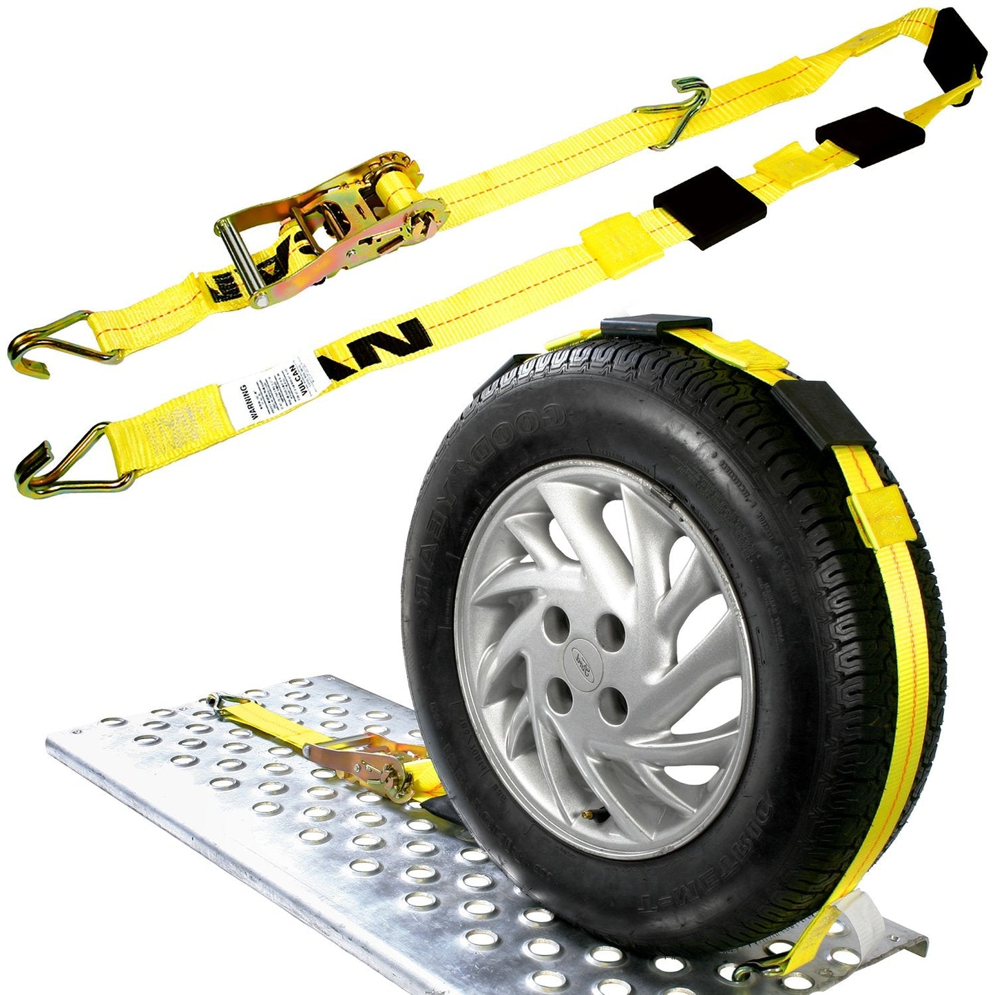 VULCAN Autohauler Car Tie Down with J Hooks - Sliding Idler 3-Cleat - 120 Inch - 10 Pack - Classic Yellow - 1,600 Pound Safe Working Load