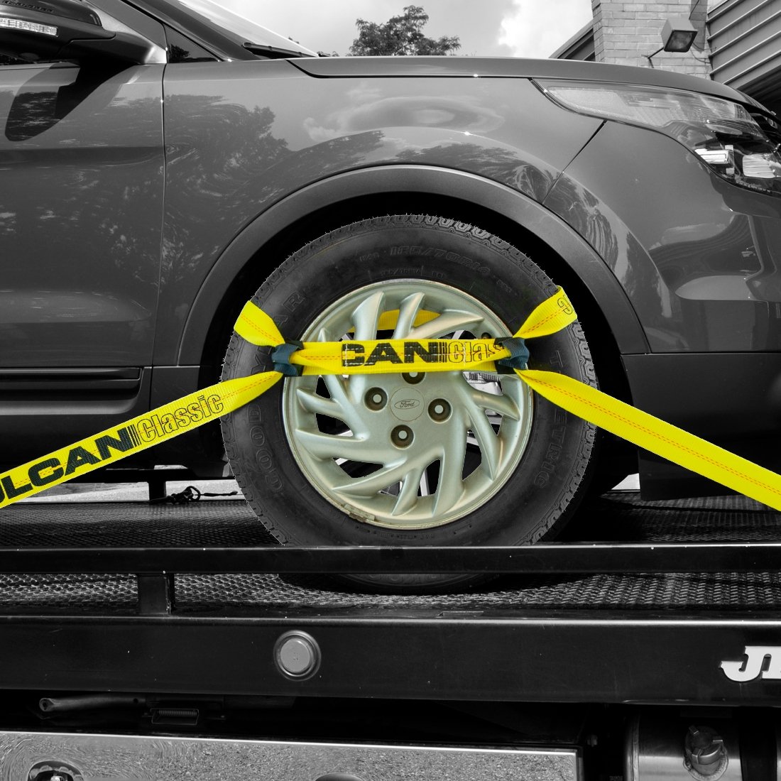 VULCAN 8-Point Roll Back Vehicle Tie Down Kit with Snap Hook on Strap Ends and Chain Tail on Ratchet Ends - Set of 4 - Classic Yellow