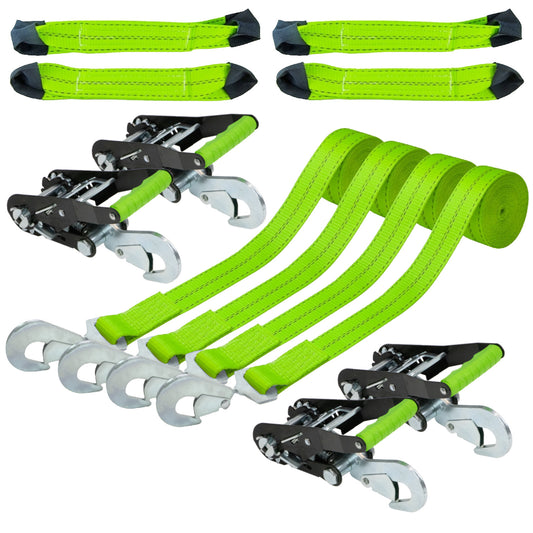 VULCAN 8-Point Vehicle Tie Down Kit with Snap Hooks on Both Ends - Set of 4 - Reflective High-Viz