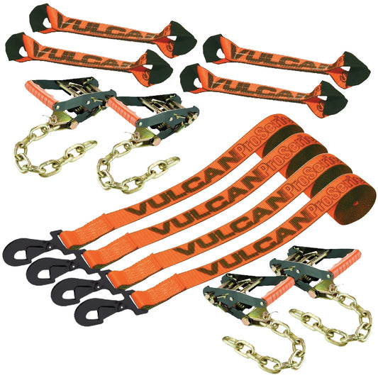 VULCAN 8-Point Roll Back Vehicle Tie Down Kit with Snap Hook on Strap Ends and Chain Tail on Ratchet Ends - Set of 4 - PROSeries