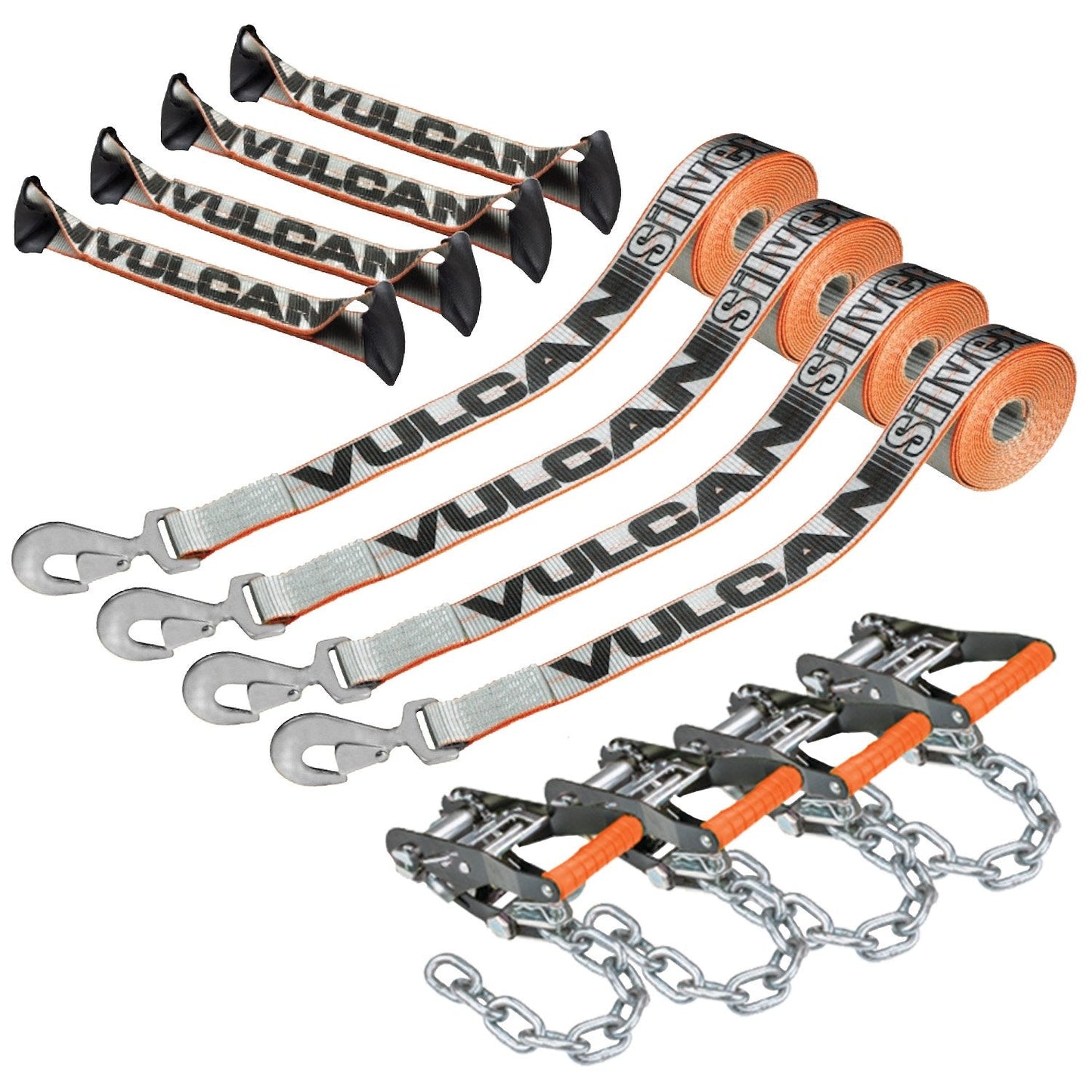 VULCAN 8-Point Roll Back Vehicle Tie Down Kit with Snap Hook On Strap Ends and Chain Tail On Ratchet Ends