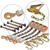 VULCAN 8-Point Roll Back Vehicle Tie Down Kit with Snap Hook on Strap Ends and Chain Tail on Ratchet Ends - Set of 4 - Silver Series