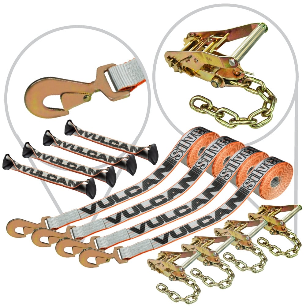 VULCAN 8-Point Roll Back Vehicle Tie Down Kit with Snap Hook on Strap Ends and Chain Tail on Ratchet Ends - Set of 4 - Silver Series