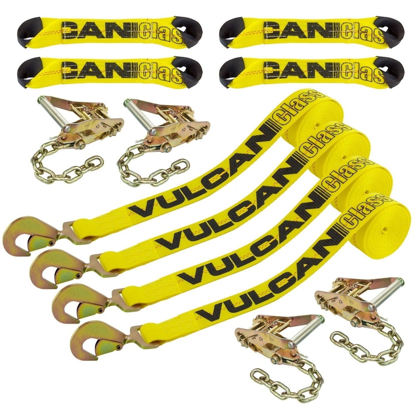VULCAN 8-Point Roll Back Vehicle Tie Down Kit with Snap Hook On Strap Ends and Chain Tail On Ratchet Ends