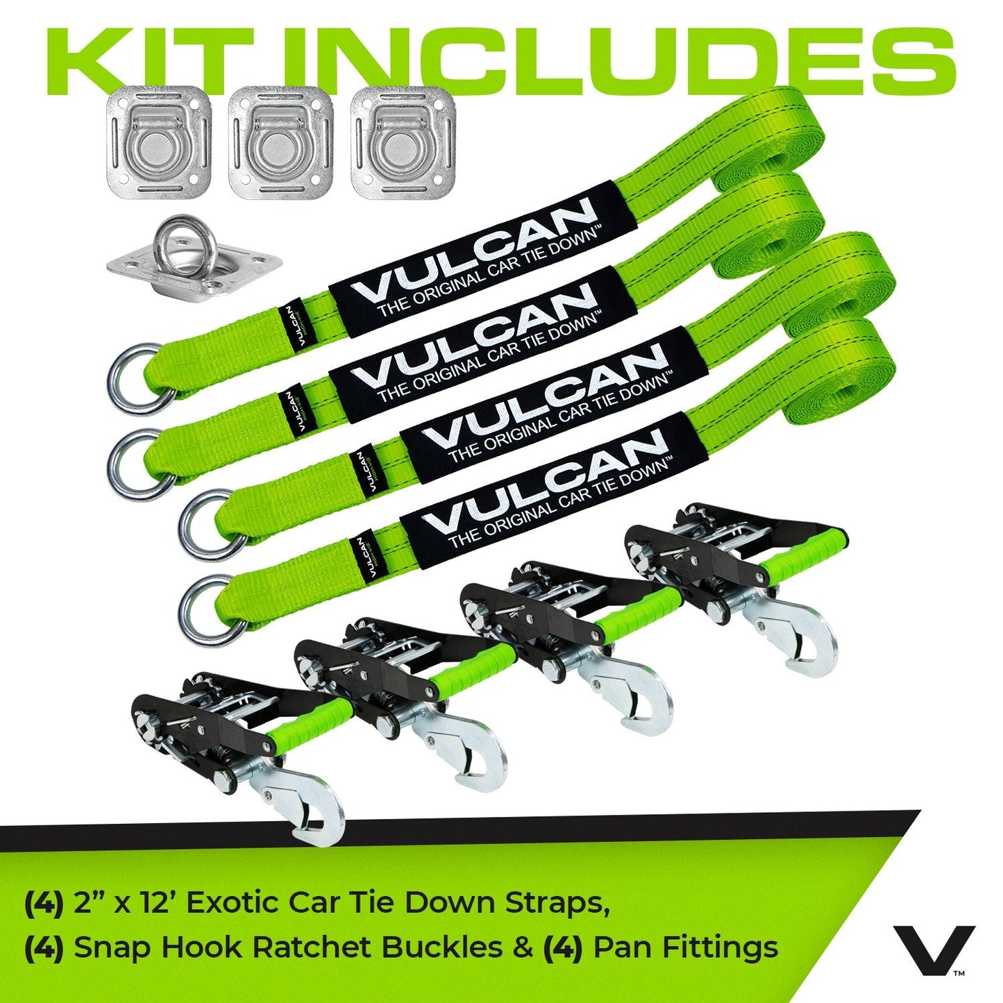 VULCAN Exotic Car Rim Tie Down Set with Flush Mount Pan Fittings - 2 Inch x 144 Inch - 4 Straps - High-Viz - 3,300 Pound Safe Working Load