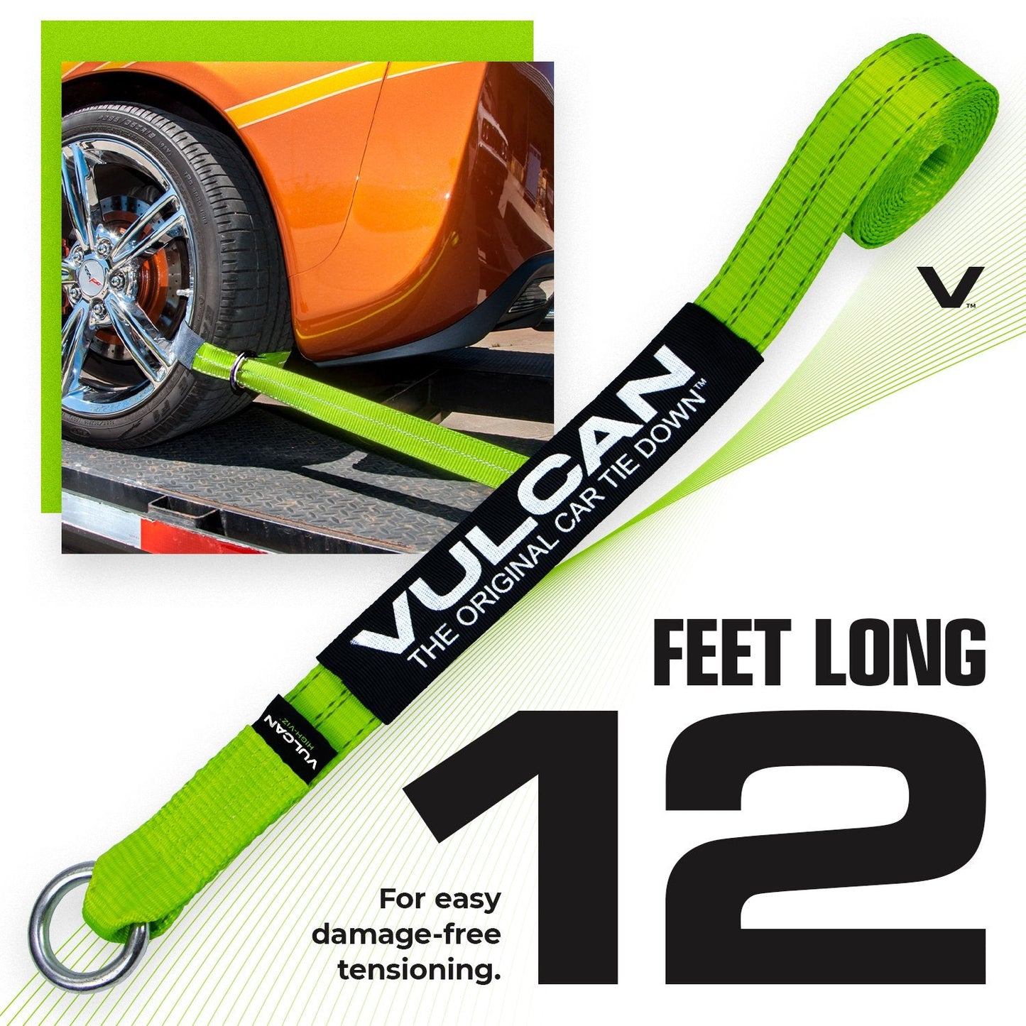 VULCAN Exotic Car Rim Tie Down Set with Flush Mount Pan Fittings - 2 Inch x 144 Inch - 4 Straps - High-Viz - 3,300 Pound Safe Working Load