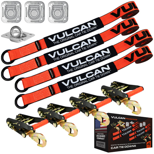 VULCAN Exotic Car Rim Tie Down Set with Flush Mount Pan Fittings - 2 Inch x 144 Inch - 4 Straps - PROSeries - 3,300 Pound Safe Working Load