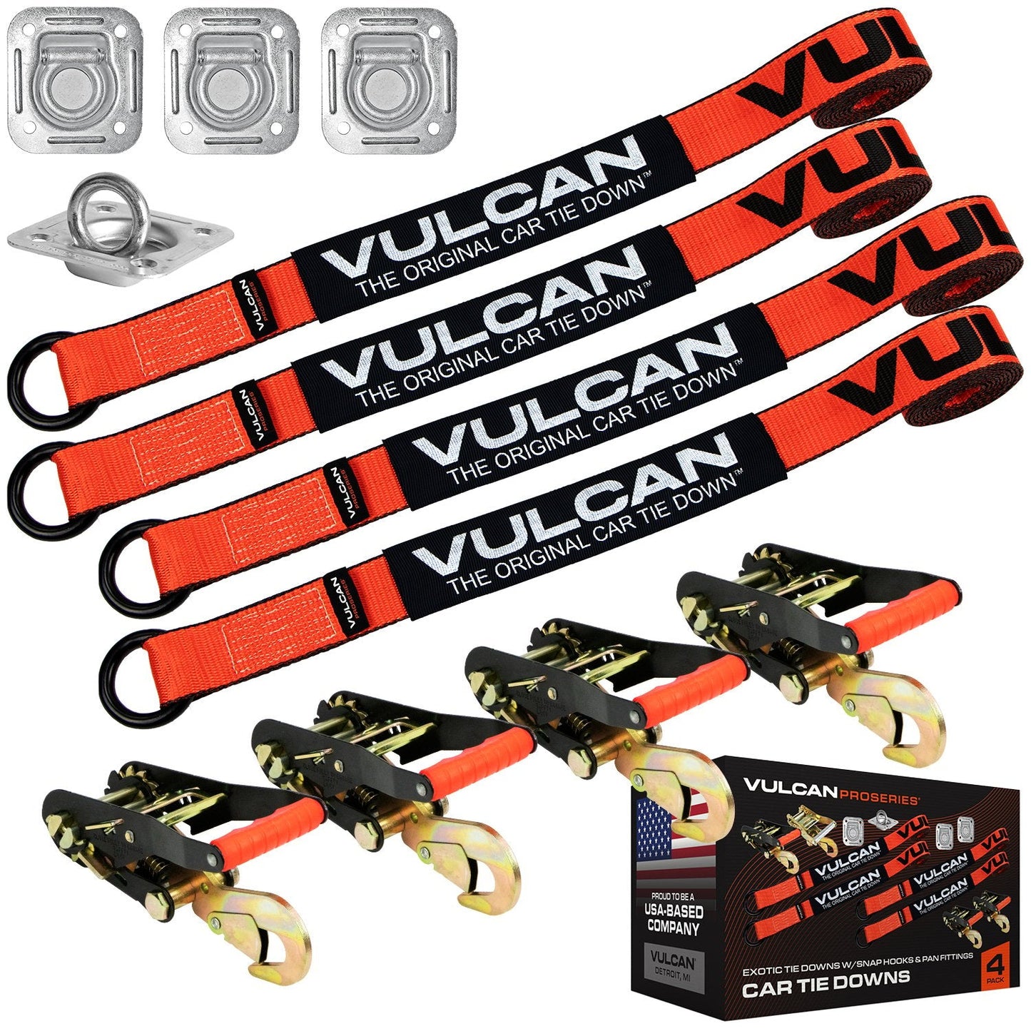 VULCAN Exotic Car Rim Tie Down Set with Flush Mount Pan Fittings - 2 Inch x 144 Inch - 4 Straps - PROSeries - 3,300 Pound Safe Working Load