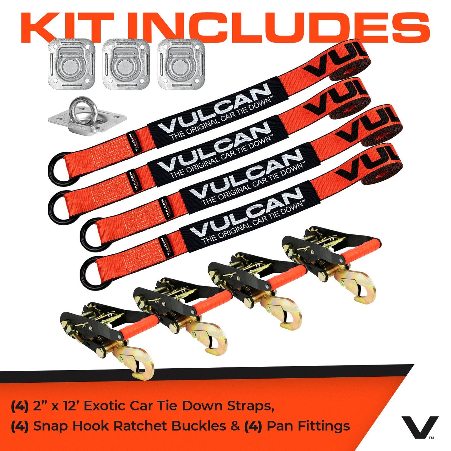 VULCAN Exotic Car Rim Tie Down Set with Flush Mount Pan Fittings - 2 Inch x 144 Inch - 4 Straps - PROSeries - 3,300 Pound Safe Working Load