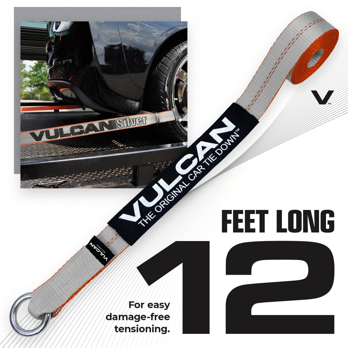 VULCAN Exotic Car Rim Tie Down Set with Flush Mount Pan Fittings - 2 Inch x 144 Inch - 4 Straps - Silver Series - 3,300 Pound Safe Working Load