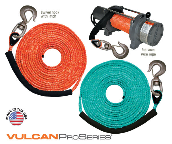 VULCAN Dyneema Synthetic Rope Winch Line - Swivel Hook - 3/8 Inch x 50 Foot - Orange - 16,400 Pound MBS - 4,100 Pound Safe Working Load