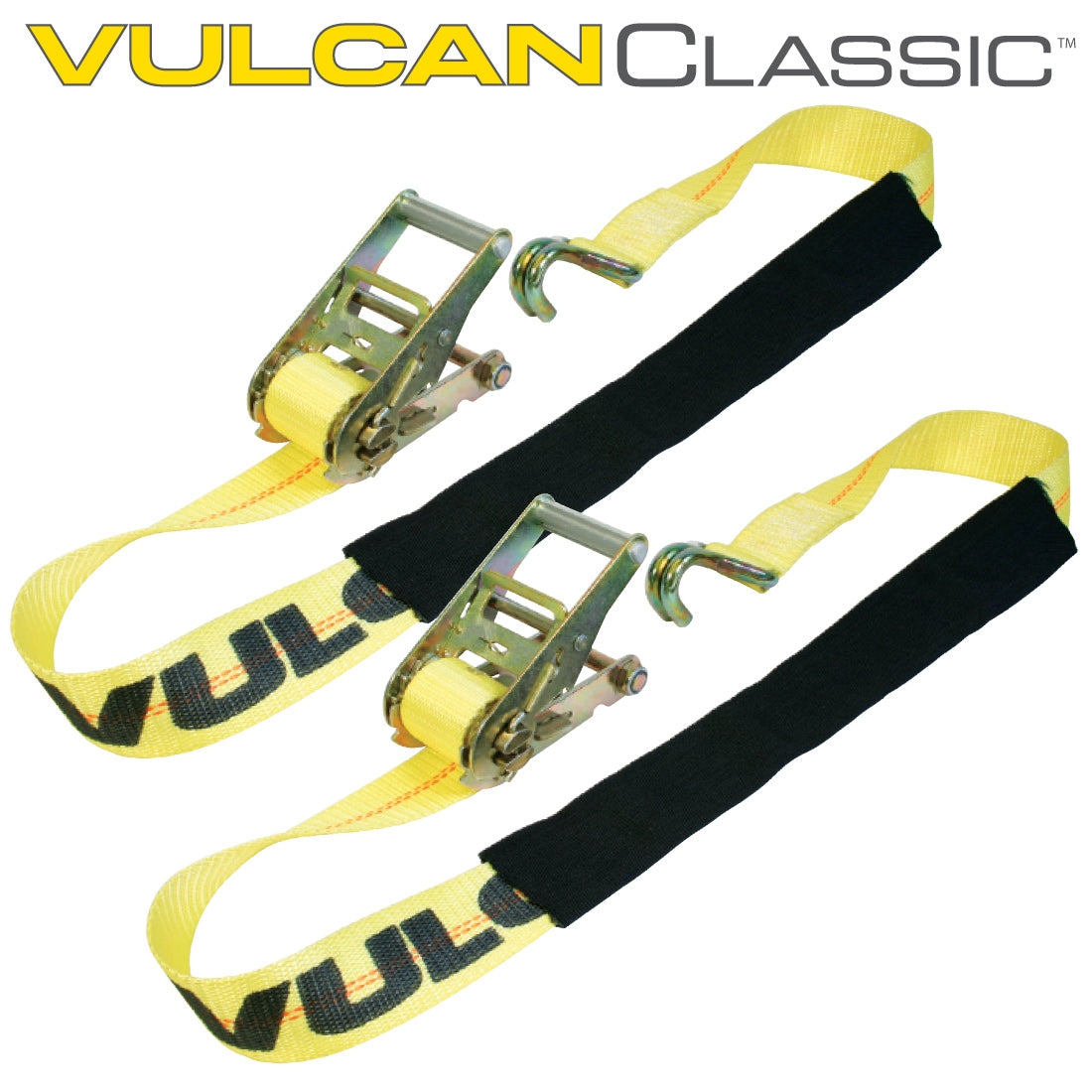 VULCAN Underlift Tie Down with Ratchet & Hook - 2 Inch x 84 Inch - 2 Pack - Classic Yellow - 3,300 Pound Safe Working Load