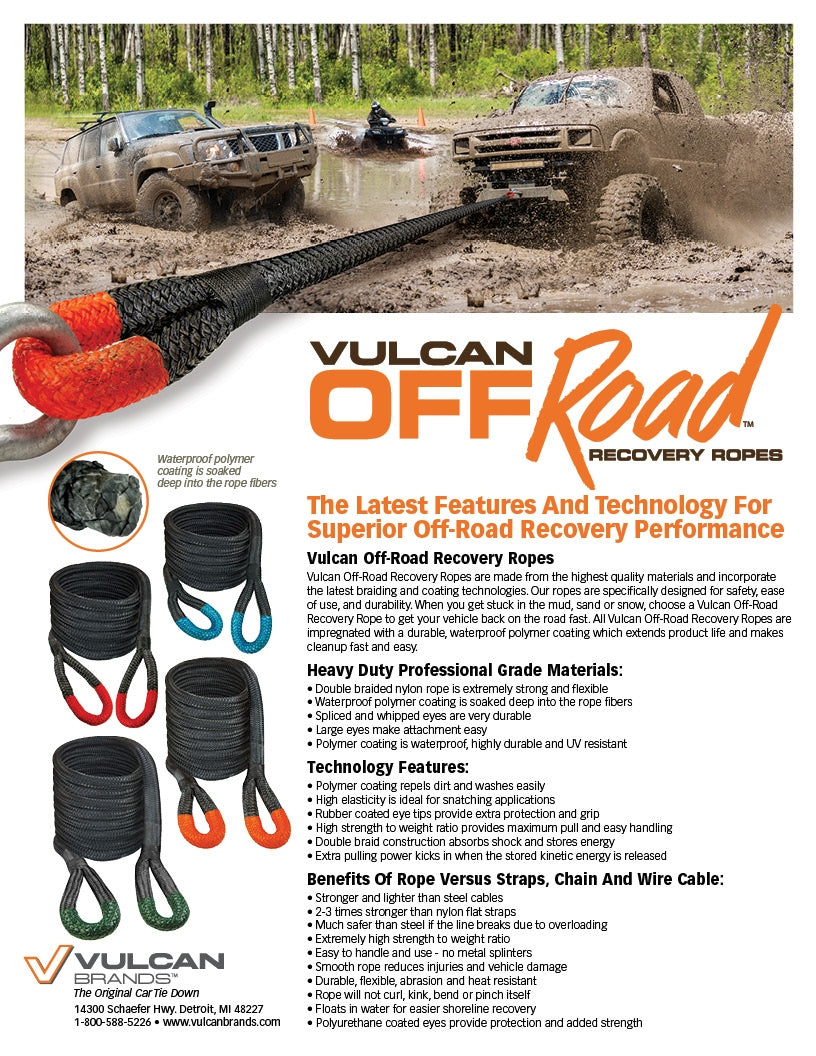 VULCAN Off-Road Recovery Rope - 1-1/2 Inch x 30 Foot - Green Eyes - 74,000 Pound Breaking Strength - Includes Vented Storage Bag