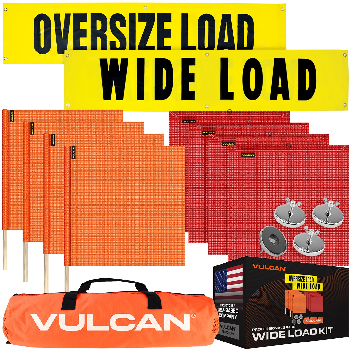 VULCAN Flags, Signs, and Magnets Kit - Includes 2 Reversible Wide/Oversize Load Signs, 4 Red Flags, 4 Orange Flags, and 4 Magnets