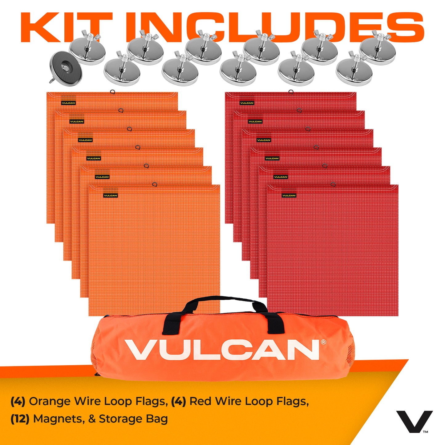 VULCAN Complete Heavy Duty Flags and Magnets Kit - Includes 12 Magnets, 6 Orange Flags, 6 Red Flags, and A High-Viz Vented Storage Bag