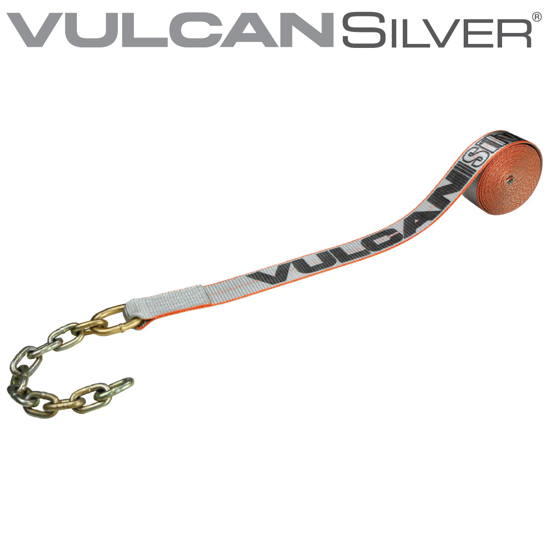 VULCAN Winch Strap with Chain Tail - 2 Inch - Silver Series - 3,300 Pound Safe Working Load