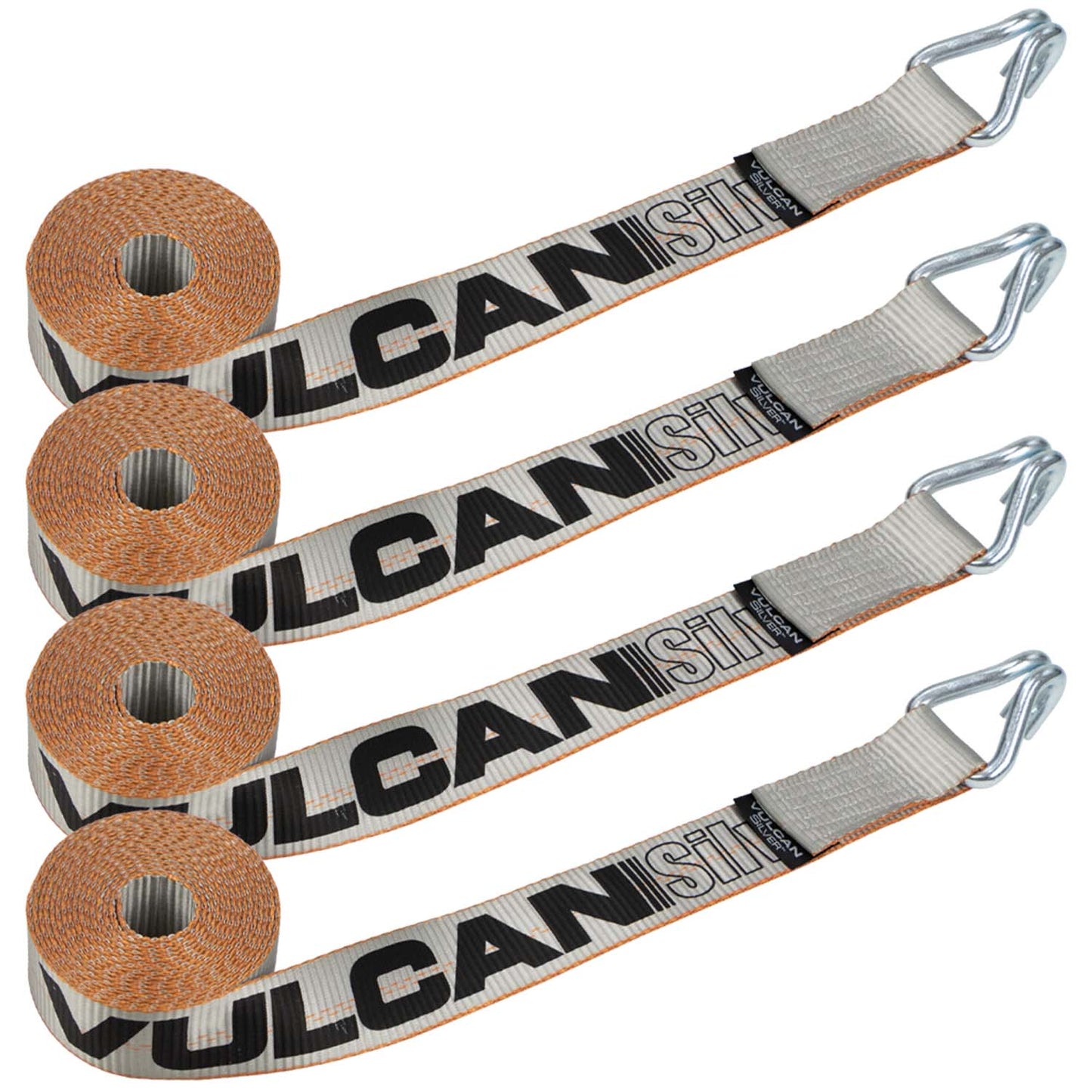 VULCAN Winch Strap with Heavy Wire Hook - 2 Inch x 15 Foot - 4 Pack - Silver Series - 3,300 Pound Safe Working Load