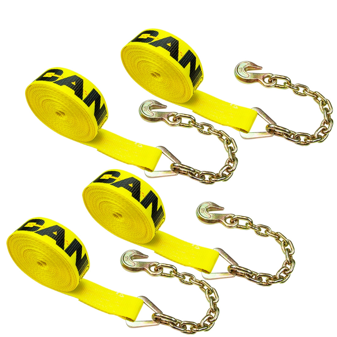 VULCAN Winch Strap with Chain Anchor - 2 Inch x 27 Foot - 4 Pack - Classic Yellow - 3,600 Pound Safe Working Load