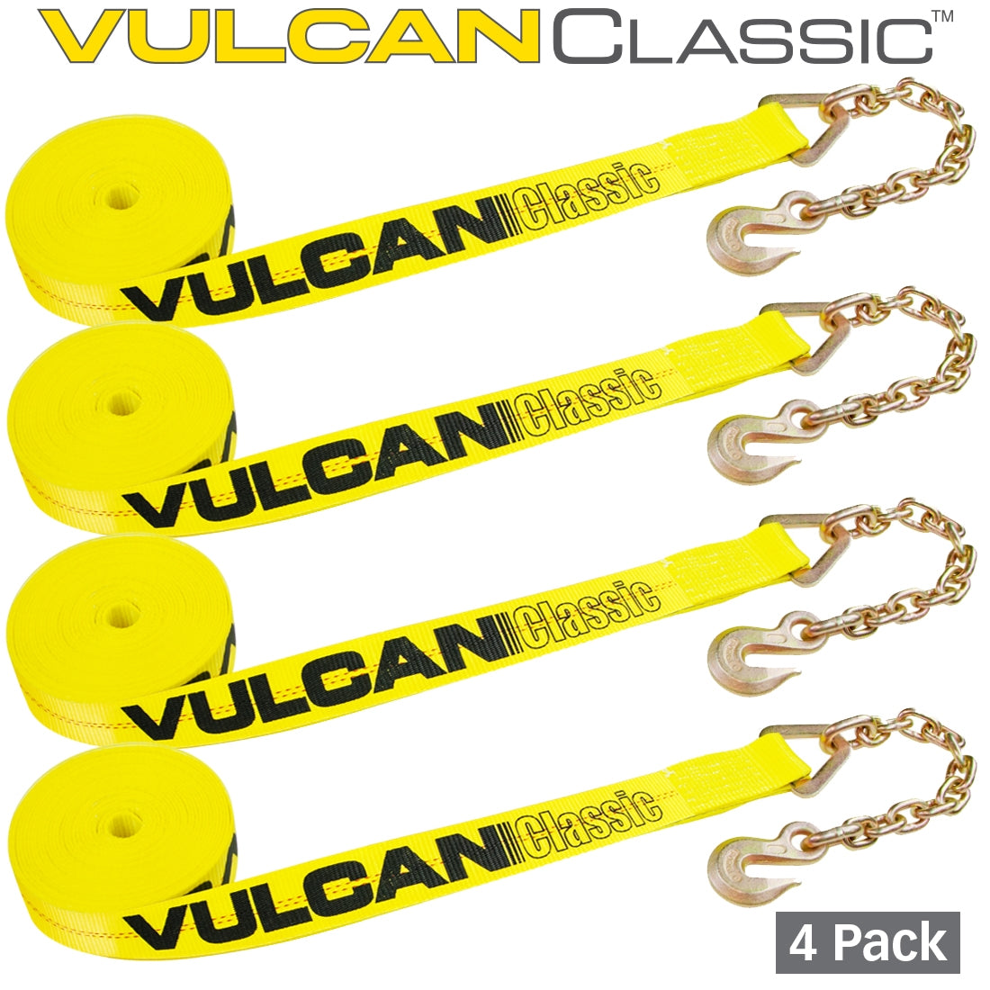 VULCAN Winch Strap with Chain Anchor - 2 Inch x 27 Foot - 4 Pack - Classic Yellow - 3,600 Pound Safe Working Load