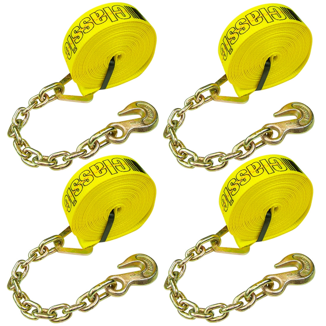 VULCAN Winch Strap with Chain Anchor - 2 Inch x 27 Foot - 4 Pack - Classic Yellow - 3,600 Pound Safe Working Load