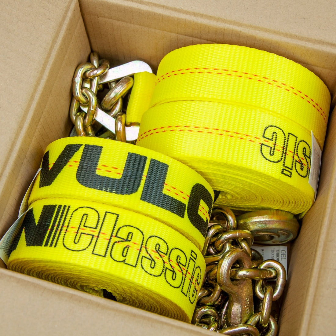 VULCAN Winch Strap with Chain Anchor - 2 Inch x 27 Foot - 4 Pack - Classic Yellow - 3,600 Pound Safe Working Load