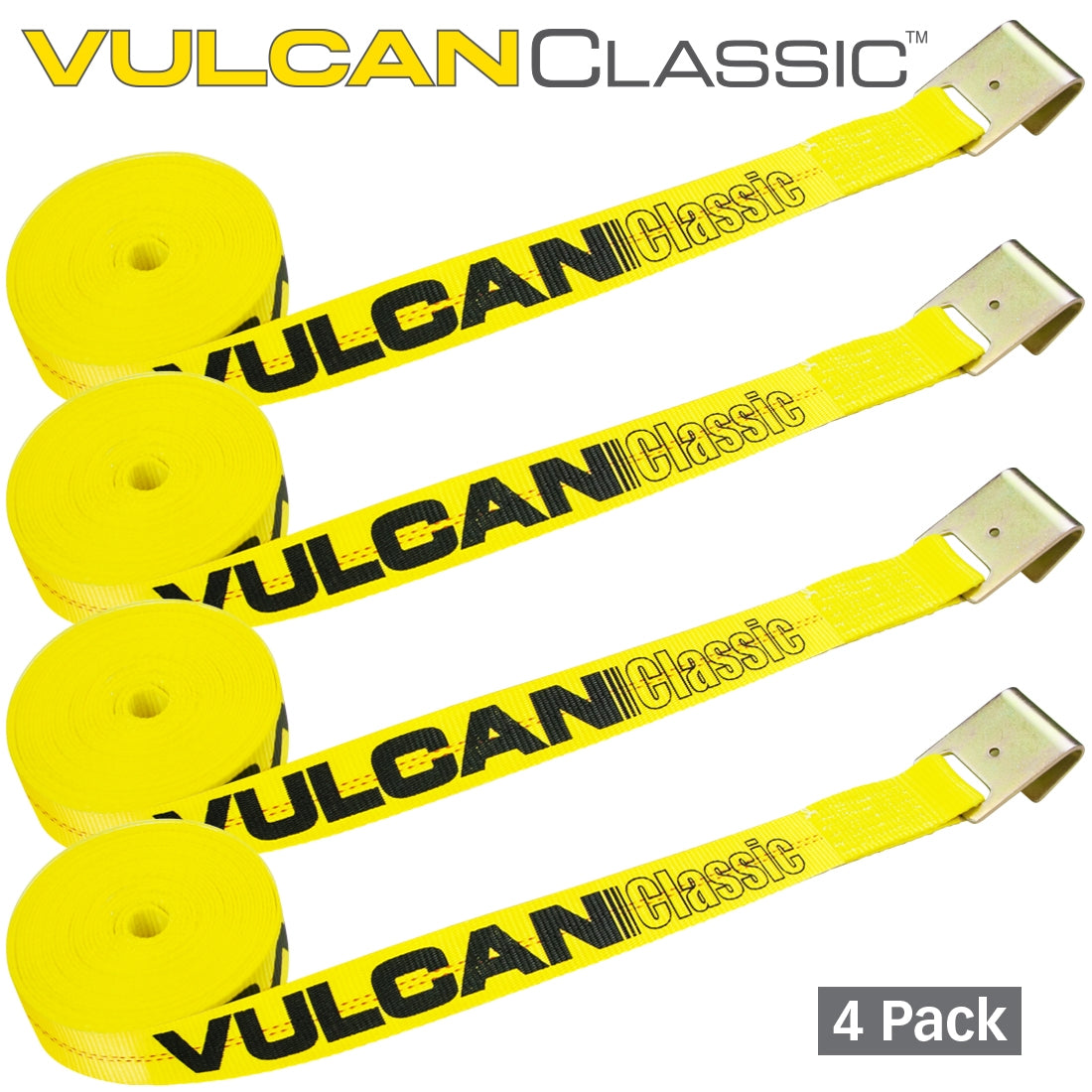 VULCAN Winch Strap with Flat Hook - 2 Inch x 27 Foot - 4 Pack - Classic Yellow - 3,300 Pound Safe Working Load