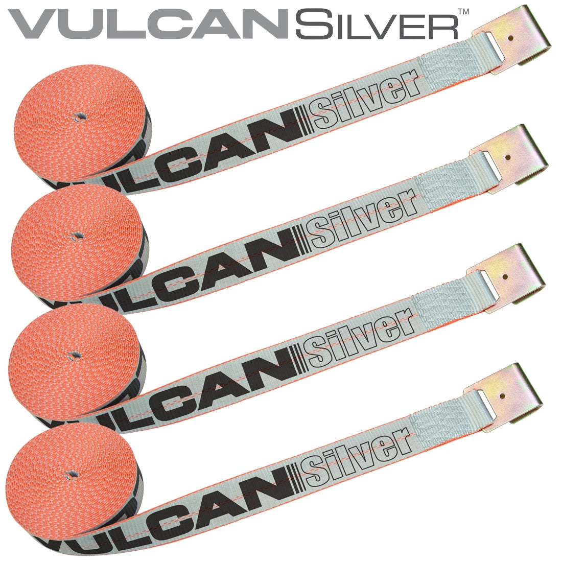 VULCAN Winch Strap with Flat Hook - 2 Inch x 30 Foot - 4 Pack - Silver Series - 3,300 Pound Safe Working Load