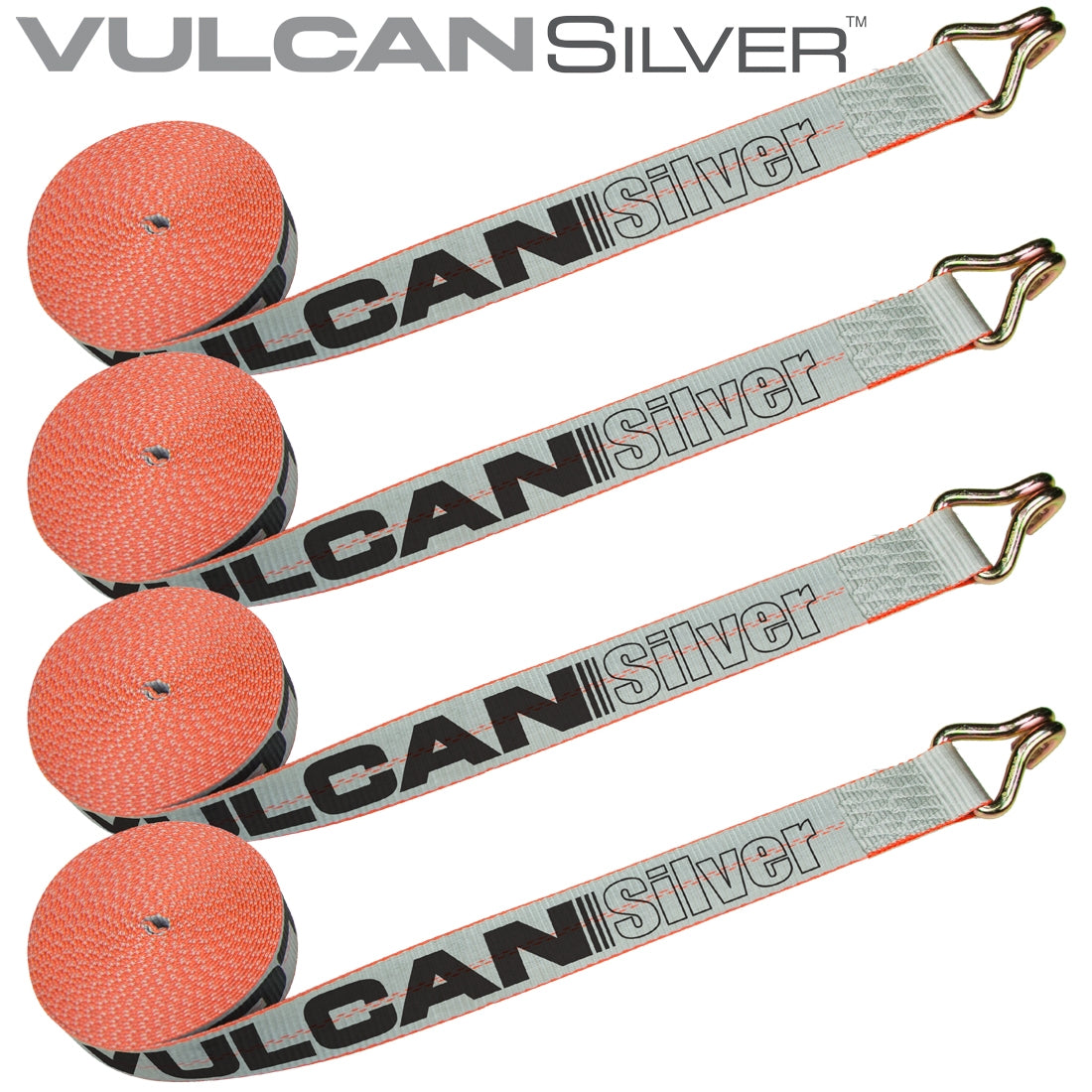 VULCAN Winch Strap with Wire Hook - 2 Inch x 27 Foot - 4 Pack - Silver Series - 3,300 Pound Safe Working Load