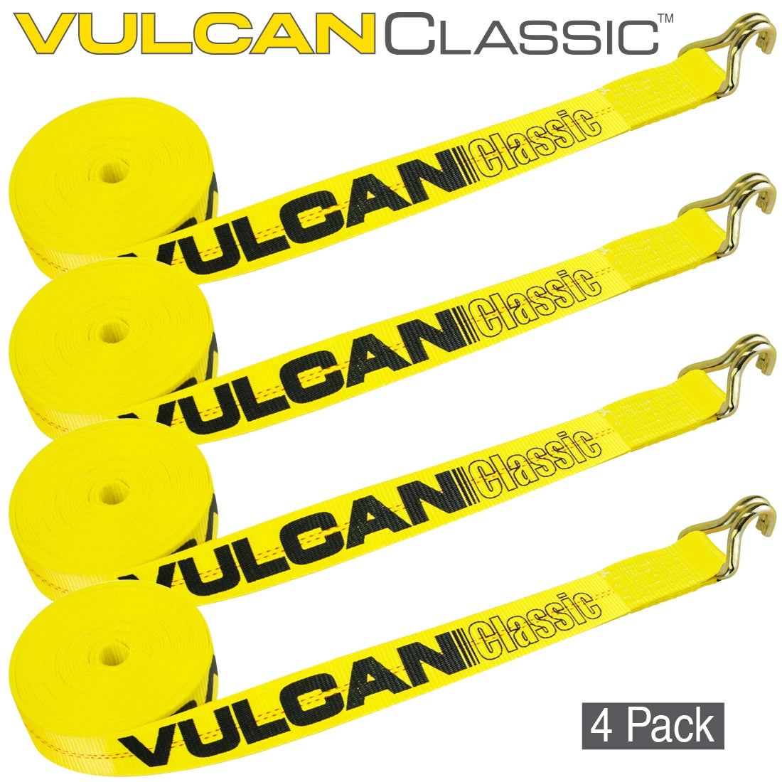 VULCAN Winch Strap with Wire Hook - 2 Inch x 27 Foot - 4 Pack - Classic Yellow - 3,300 Pound Safe Working Load