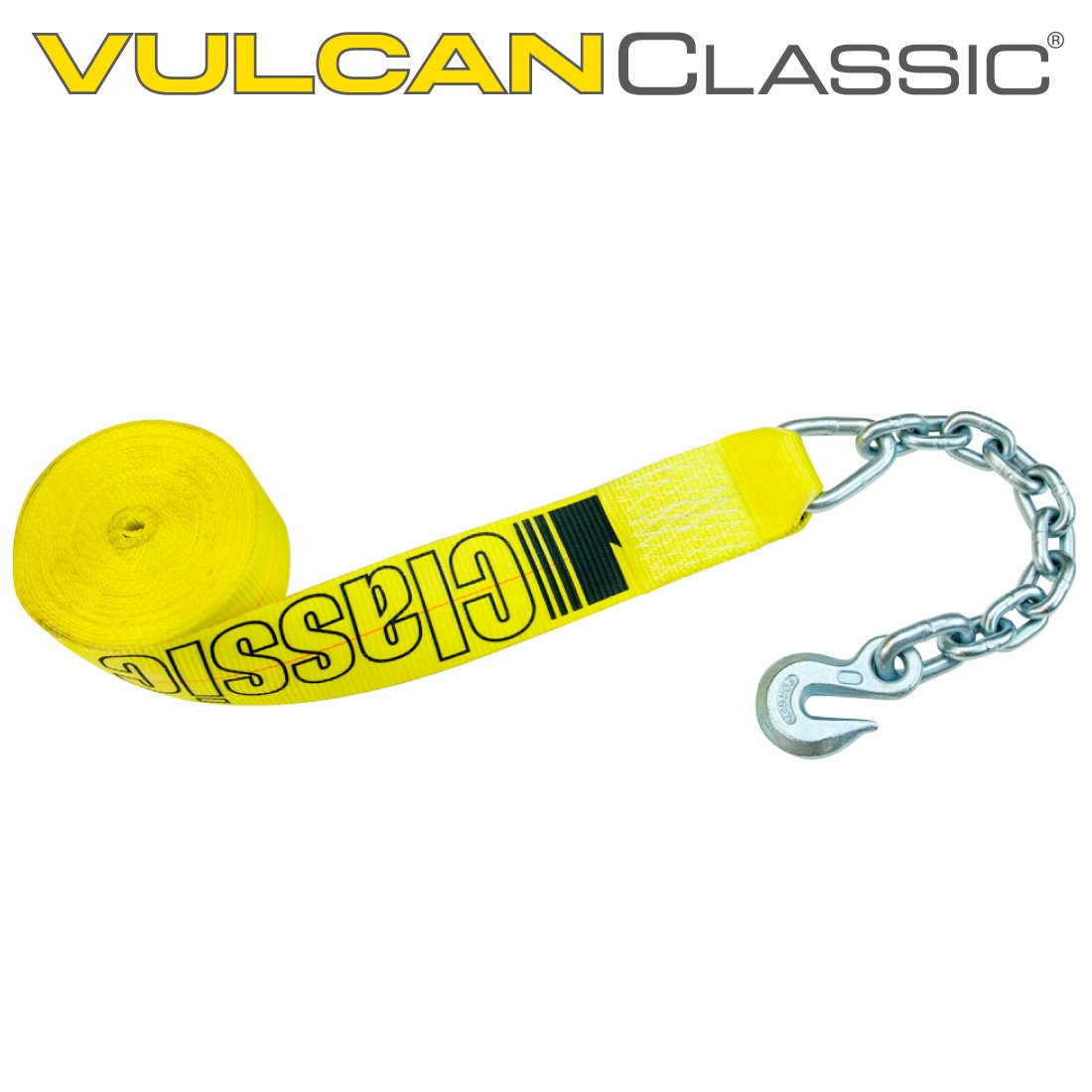 VULCAN Winch Strap with Chain Anchor - 3 Inch - Classic Yellow - 5,000 Pound Safe Working Load