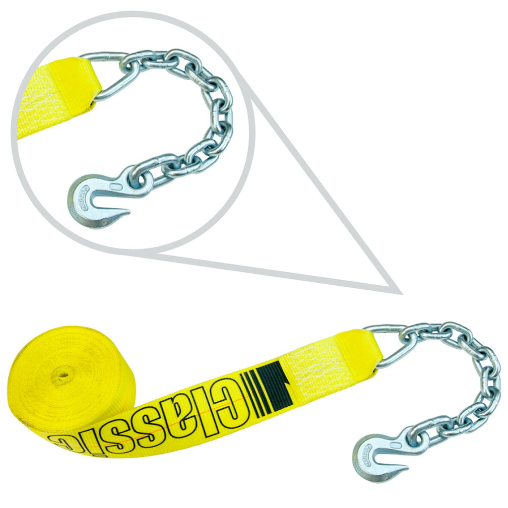 VULCAN Winch Strap with Chain Anchor - 3 Inch x 27 Foot - Classic Yellow - 5,000 Pound Safe Working Load