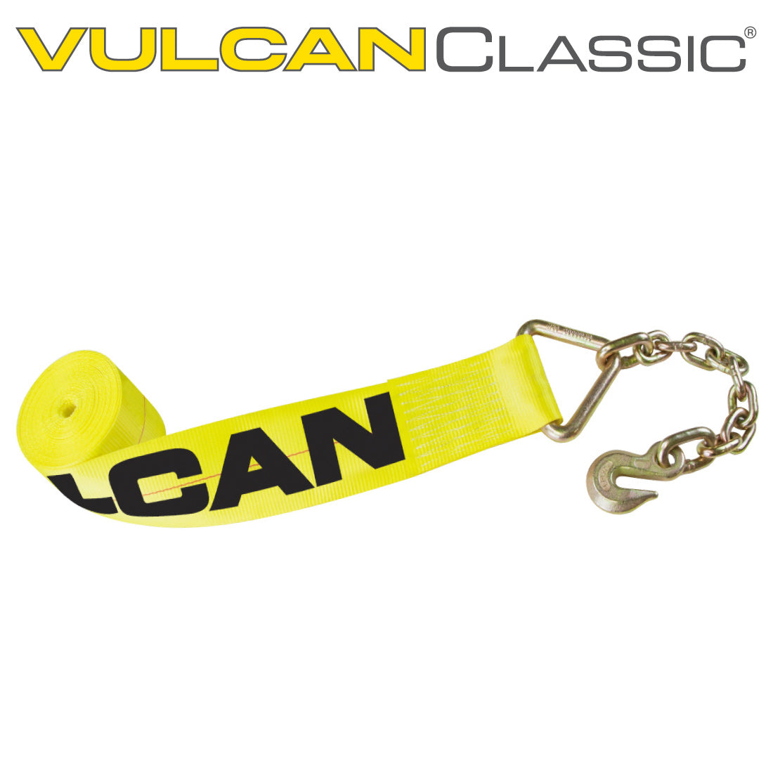 VULCAN Winch Strap with Chain Anchor - 4 Inch x 27 Foot - Classic Yellow - 5,400 Pound Safe Working Load