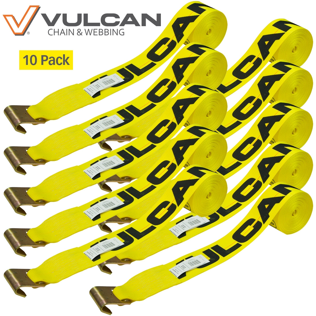 VULCAN Winch Strap with Flat Hook - 4 Inch x 27 Foot - 10 Pack - 5,000 Pound Safe Working Load