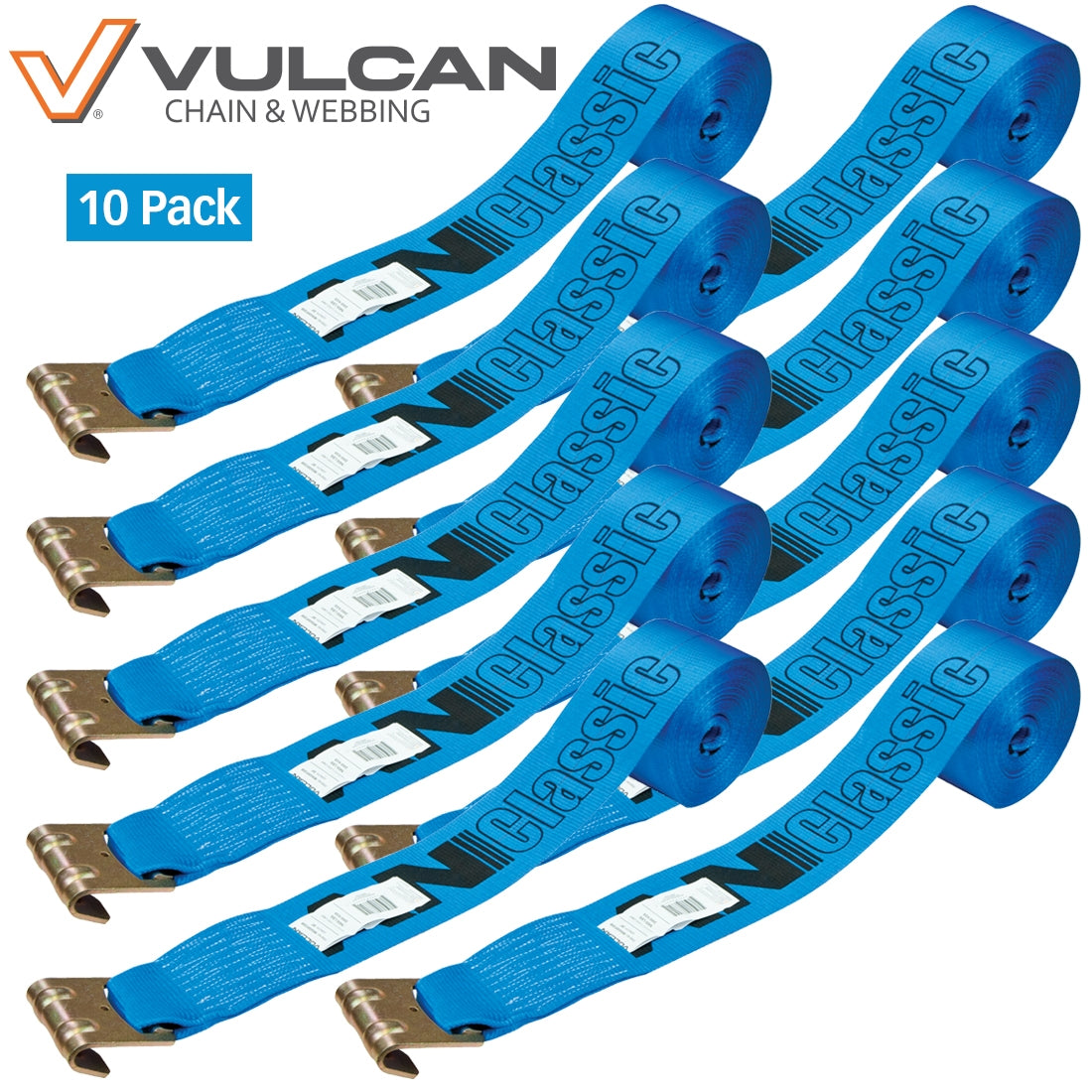 VULCAN Winch Strap with Flat Hook - 4 Inch x 30 Foot - 10 Pack - Classic Blue - 5,000 Pound Safe Working Load