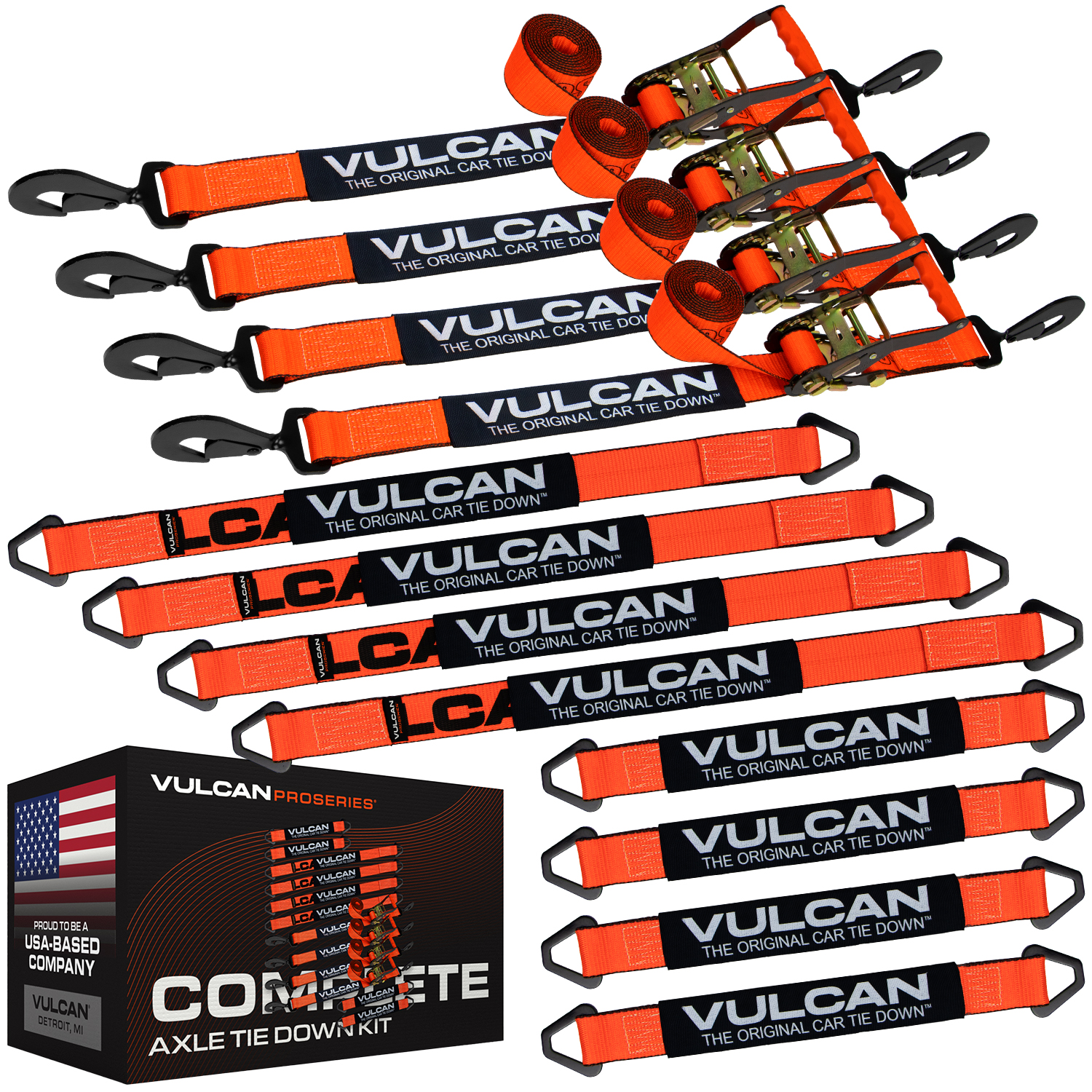 Vulcan Ultimate Axle Tie Down Kit - Silver Series - Includes (2) 22 inch Axle Straps, (2) 36 inch Axle Straps, (2) 96 inch Snap Hook Ratchet Straps, A