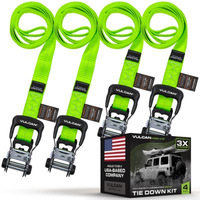 VULCAN Lashing Strap Tie Down Kit - 3X Stronger Than 1" Tie Downs - Green - (4) Ratchets With Rubber Handles, (2) 1.6" x 10' Straps, (2) 1.6" x 20' Straps - For Any Load - Ideal For Tree Stands