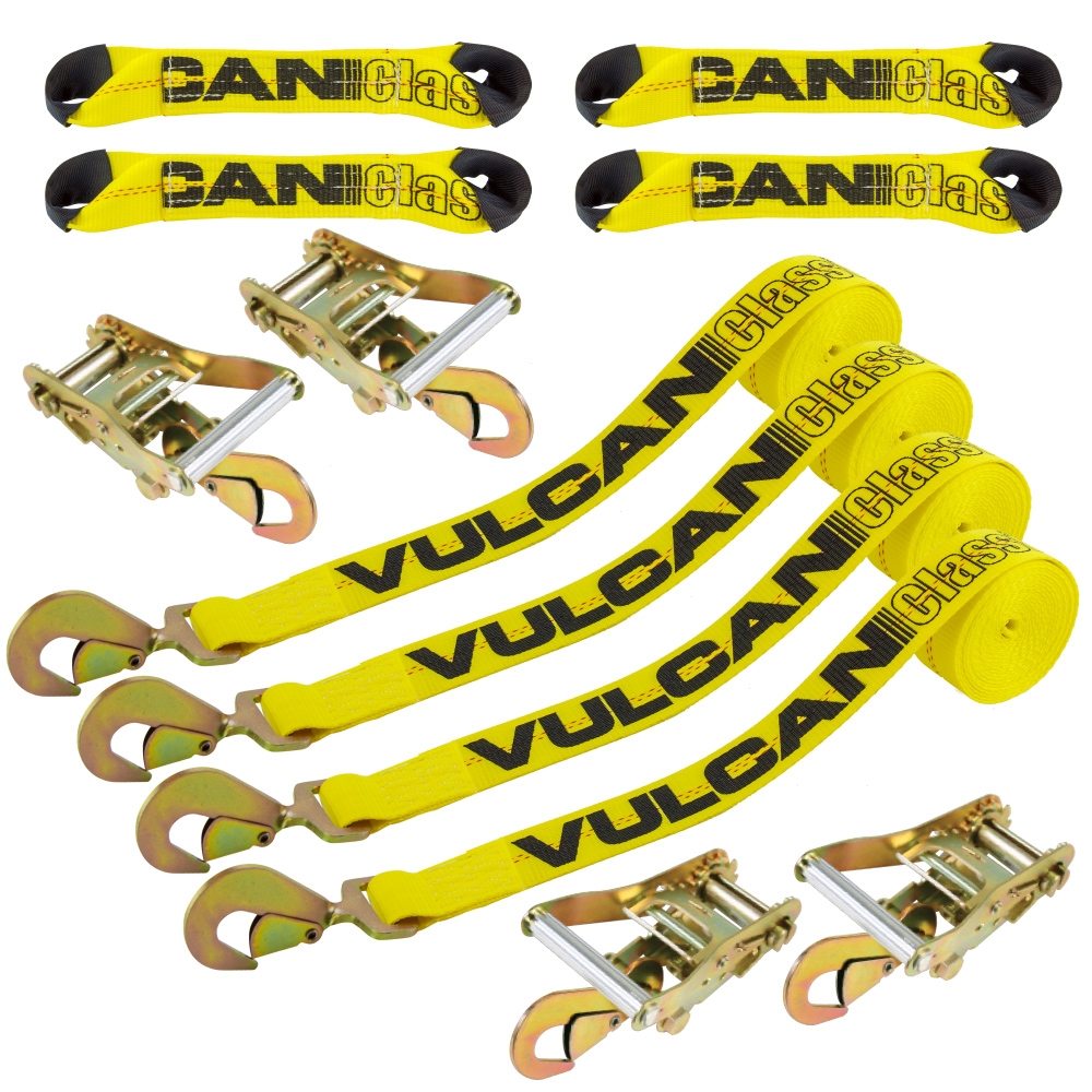 Vulcan Classic Yellow Adjustable Loop Car Tie Down Kit with Snap Hooks, 4 Straps & 4 Ratchets